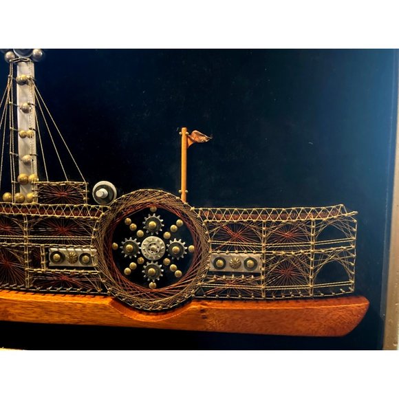 Vtg Velvet Steamboat Wire String Art Steam Punk Shadow Box Framed 70's - Picture 4 of 7